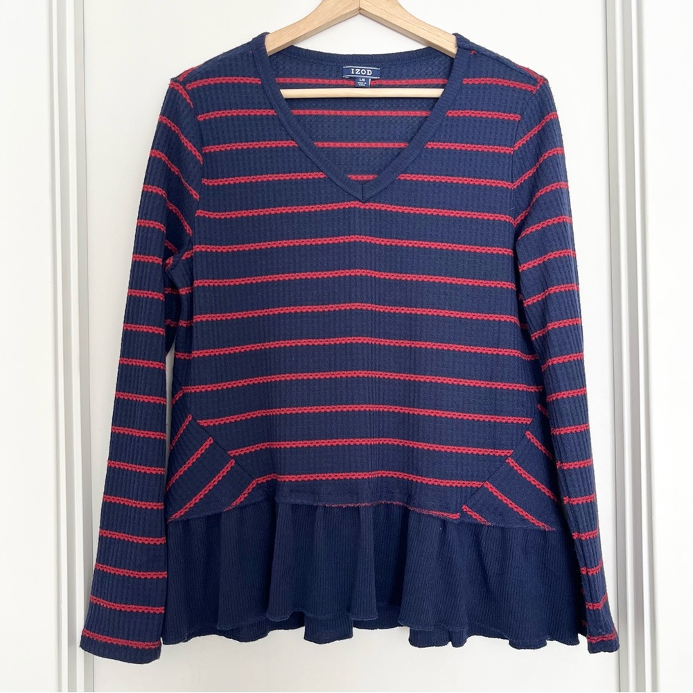 IZOD Women's Navy Red Striped Waffle Knit Top Peplum Size L Retro Tennis Preppy